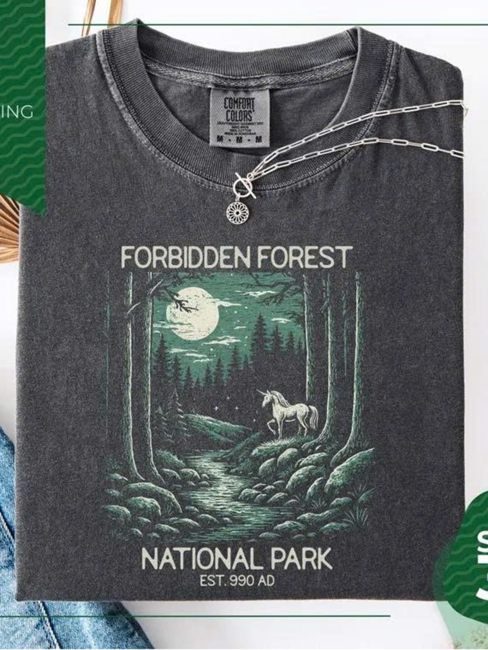 Women's Forbidden Forest Graphic Tee - Charcoal with Green Print